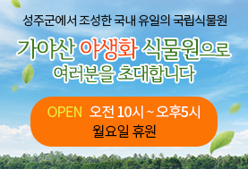 성주군에서 조성한 국내 유일의 군립식물원, 가야산 야생화 식물원으로 여러분을 초대합니다. OPEN 오전 10시 ~ 오후 5시, 월요일 휴원